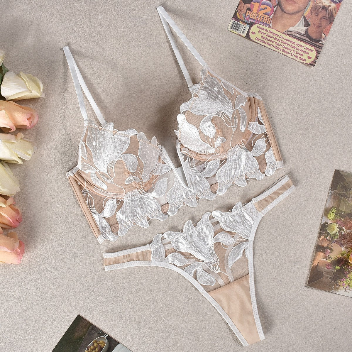Embroidered Lace Deep V Lingerie Set