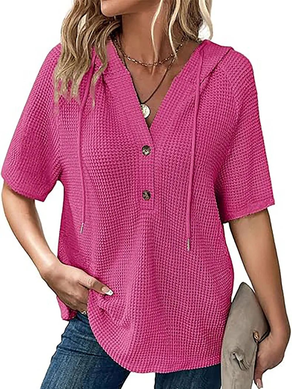 Cozy Waffle-Knit Hooded Blouse – Short Sleeves for Easy, Everyday Style