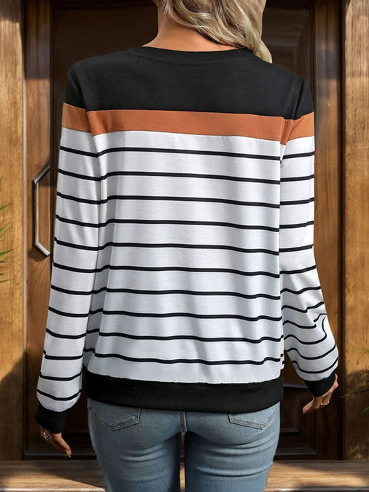 Casual Long Sleeve Round Neck Striped Sweatshirt