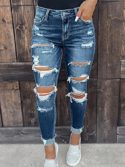 Ripped Jeans Stretch Frayed Raw Hem Distressed