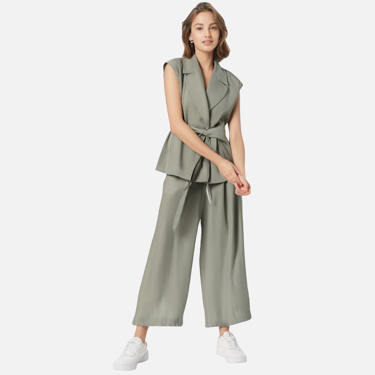 Sleeveless Belted Vest & Wide-Leg Pants Set – Effortless Chic