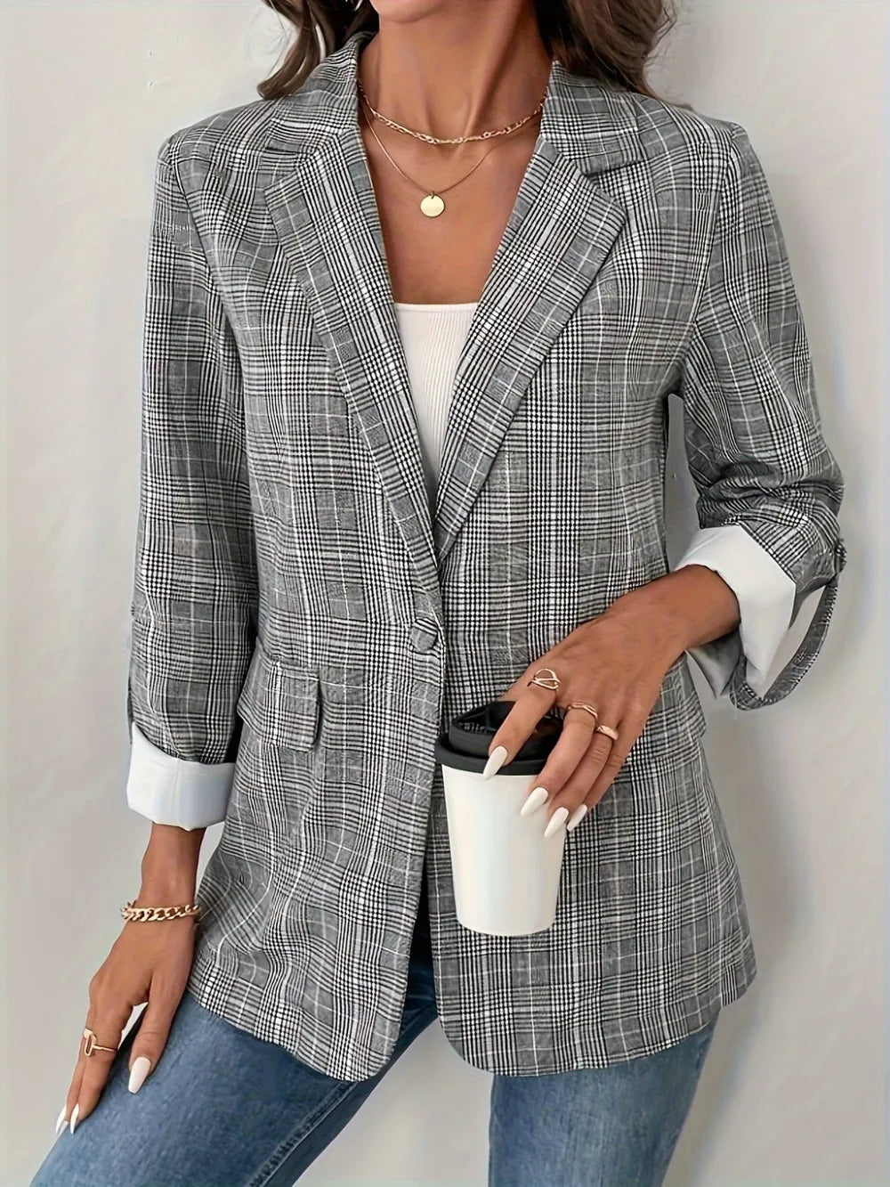 Plaid Blazer with Single-Breasted Closure and Lapel Collar