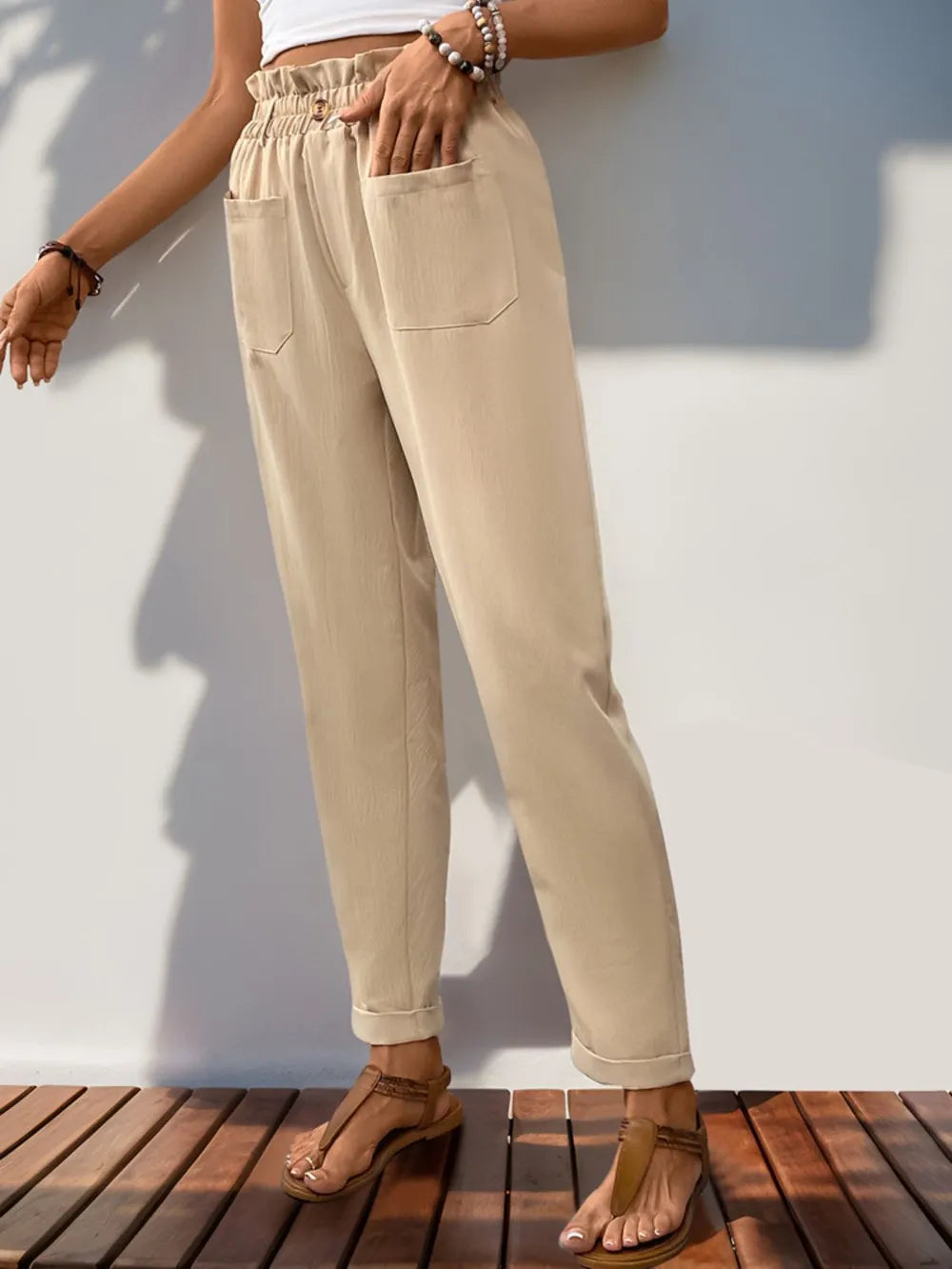 Frill High Waist Pants with Pockets – Stylish and Comfortable