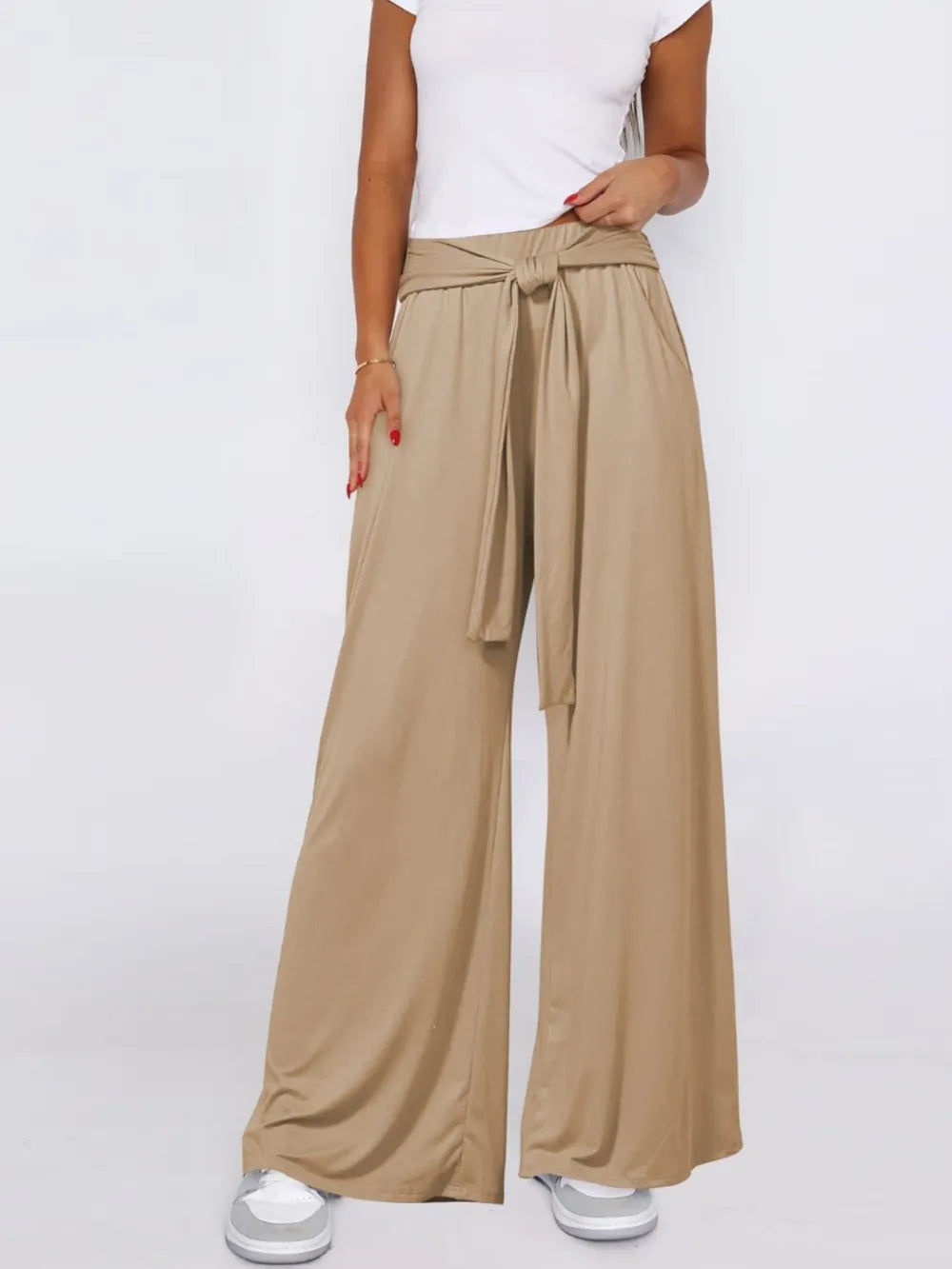 Tie-Waist Wide-Leg Pants with Pockets