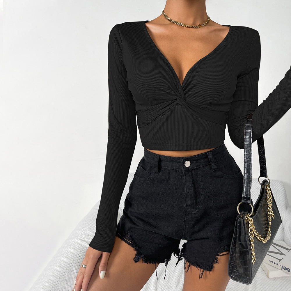 Autumn and winter niche simple design V-neck long-sleeved