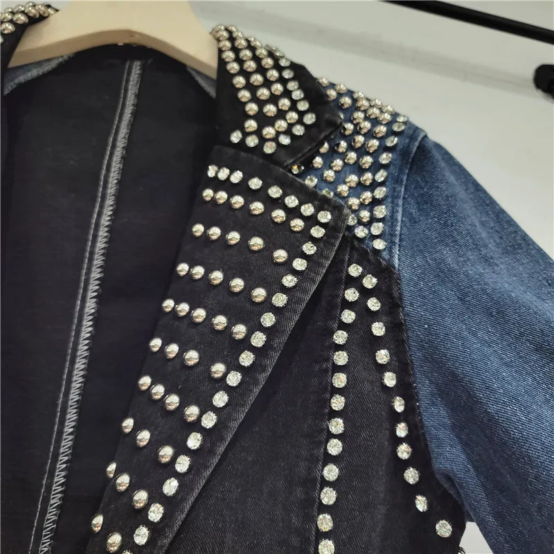 Embellished Denim-Plaid Blazer Coat – Loose Fit, Autumn-Ready Style