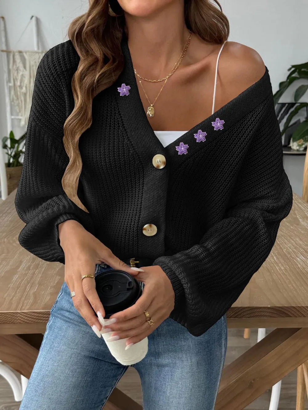 Cropped Sweater Jacket with Delicate Floral Embroidery