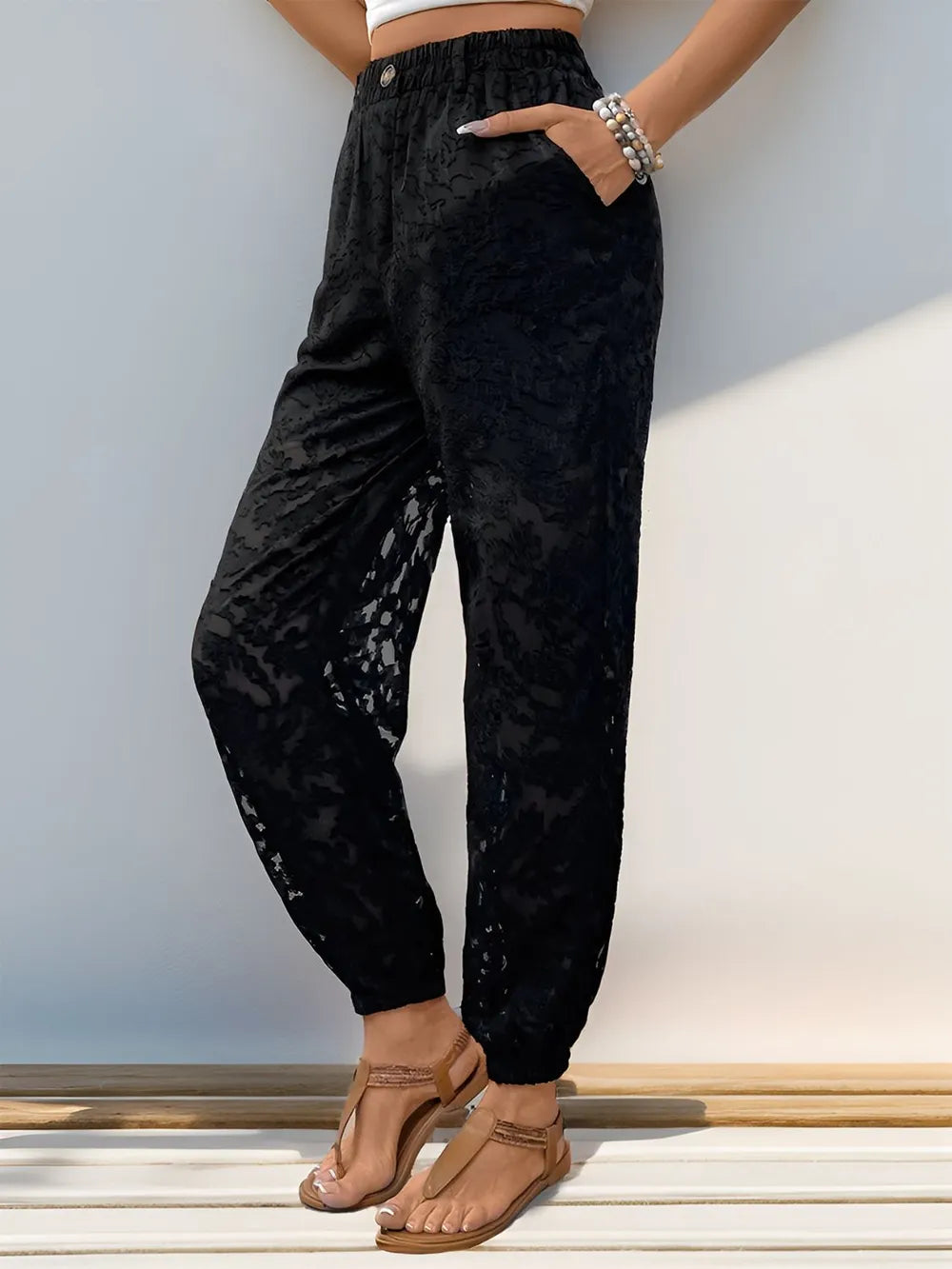 Pocketed Lace Elastic Waist Pants – Elegant and Comfortable