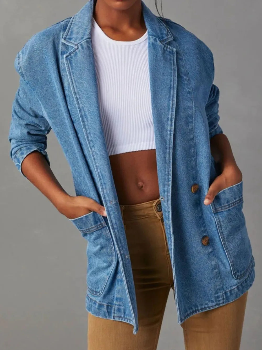 Essential Long Sleeve Denim Jacket – Lapel & Pocket Detail