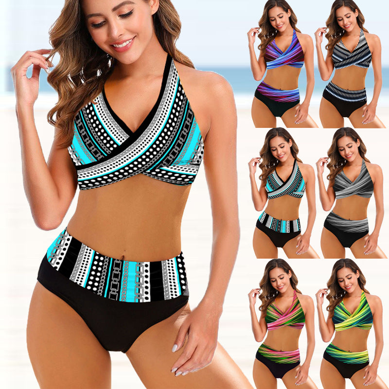 Striped Tie-Dye Hollow High-Waisted Bikini Set