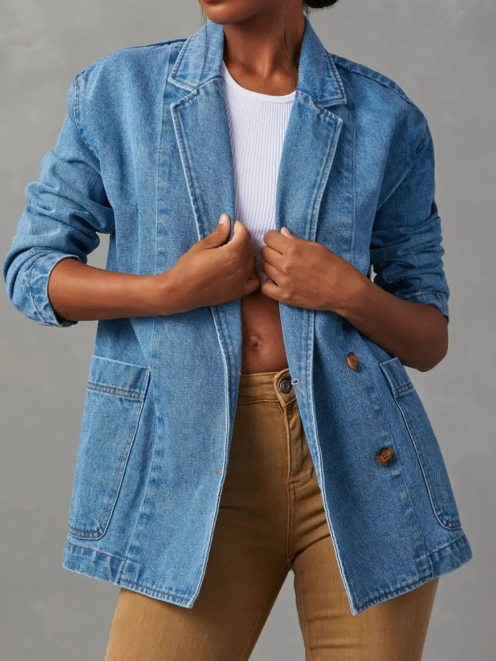 Essential Long Sleeve Denim Jacket – Lapel & Pocket Detail