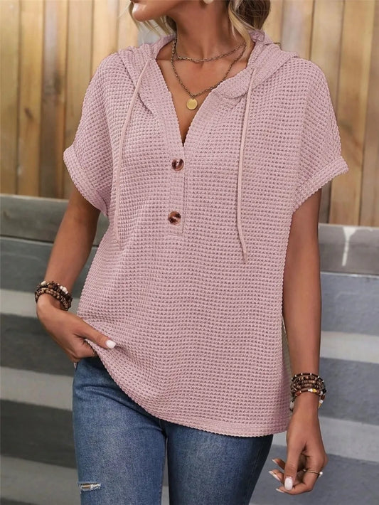 Cozy Waffle-Knit Hooded Blouse – Short Sleeves for Easy, Everyday Style