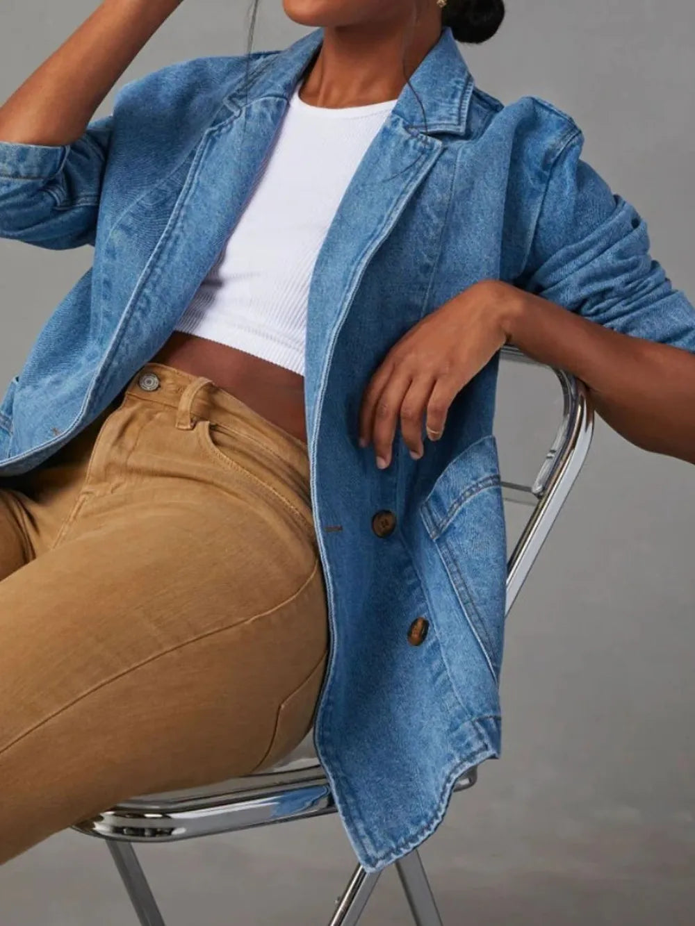 Essential Long Sleeve Denim Jacket – Lapel & Pocket Detail