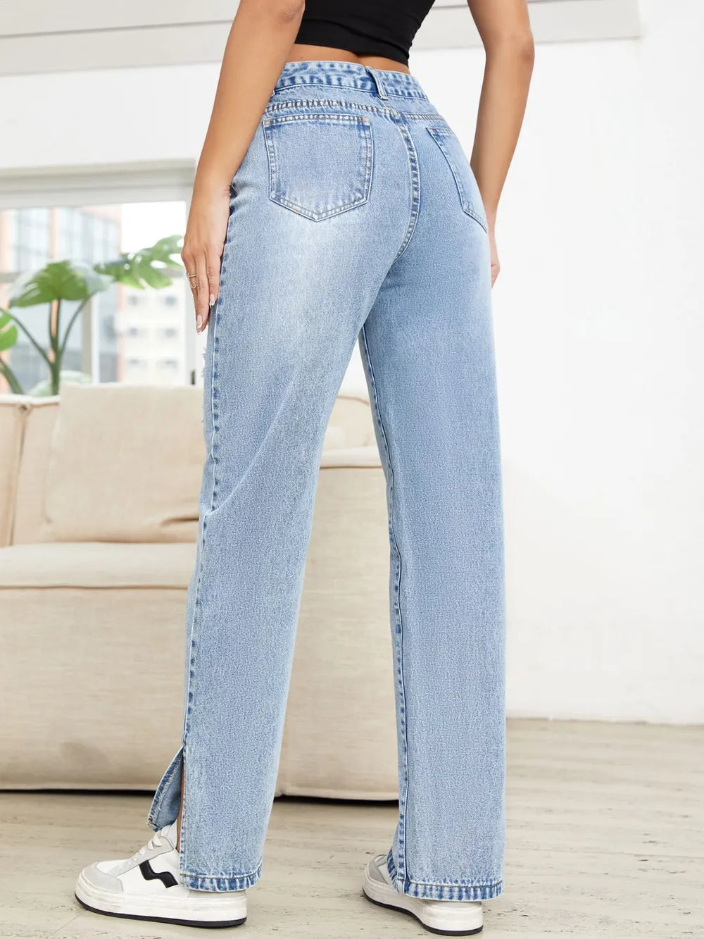 Distressed Slit Straight-Leg Jeans