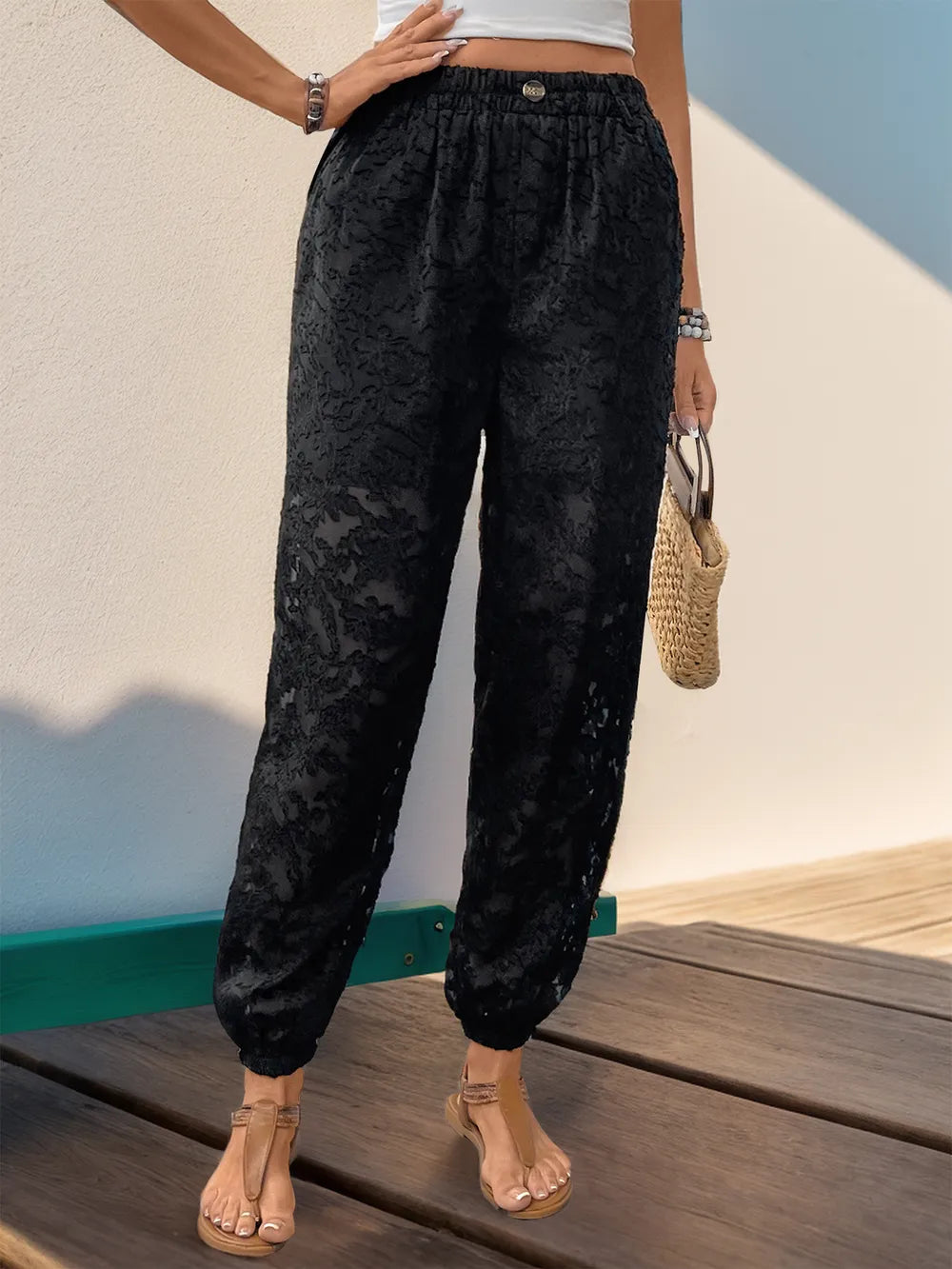 Pocketed Lace Elastic Waist Pants – Elegant and Comfortable