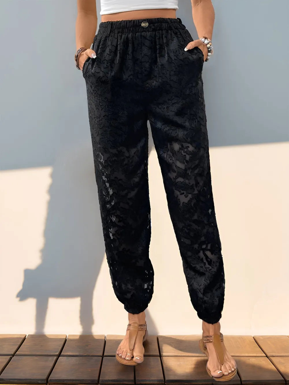 Pocketed Lace Elastic Waist Pants – Elegant and Comfortable