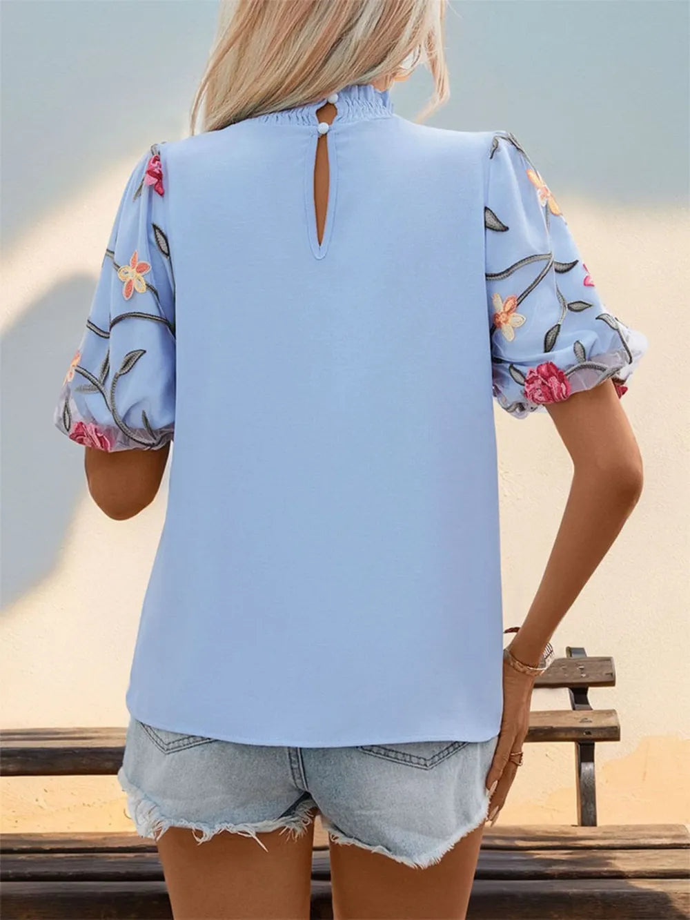 Embroidered Mock Neck Puff Sleeve Blouse – Elegant and Feminine
