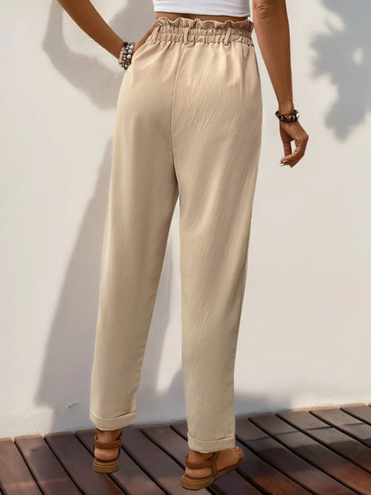 Frill High Waist Pants with Pockets – Stylish and Comfortable