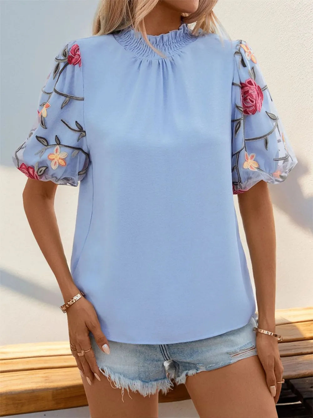 Embroidered Mock Neck Puff Sleeve Blouse – Elegant and Feminine