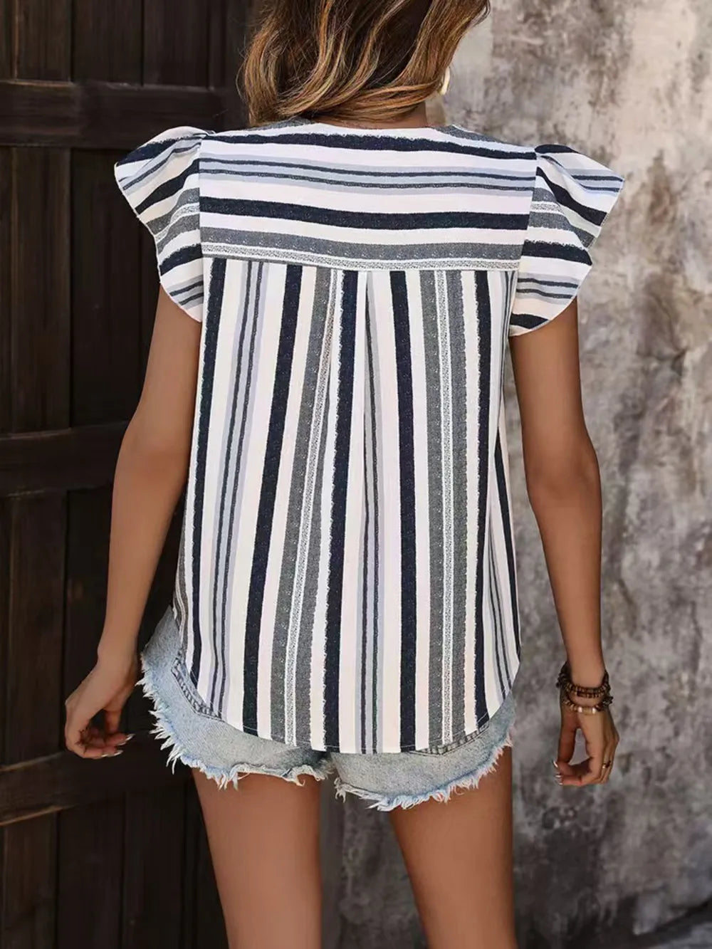 Contrast Stripe Blouse – Ruffled Cap Sleeves & Notched Neck