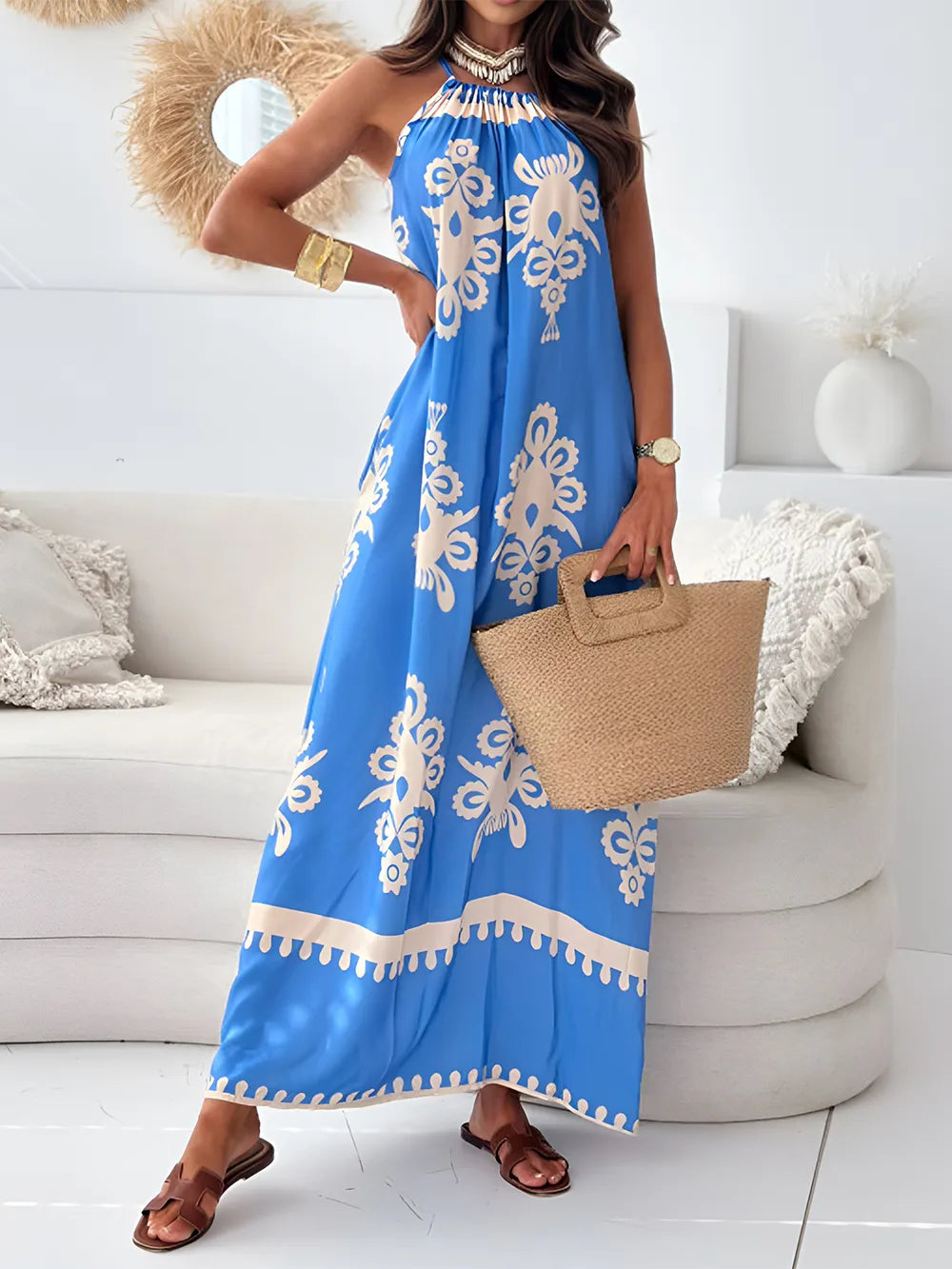 Sleeveless Spaghetti Strap Maxi Dress – Perfect for Casual or Evening Wear with a Touch of Print