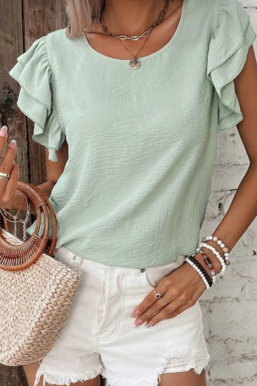 Ruffled V-Neck Blouse with Cap Sleeves