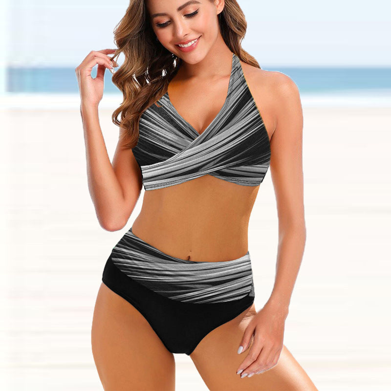 Striped Tie-Dye Hollow High-Waisted Bikini Set