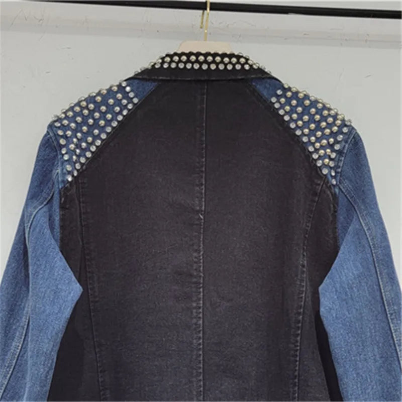 Embellished Denim-Plaid Blazer Coat – Loose Fit, Autumn-Ready Style