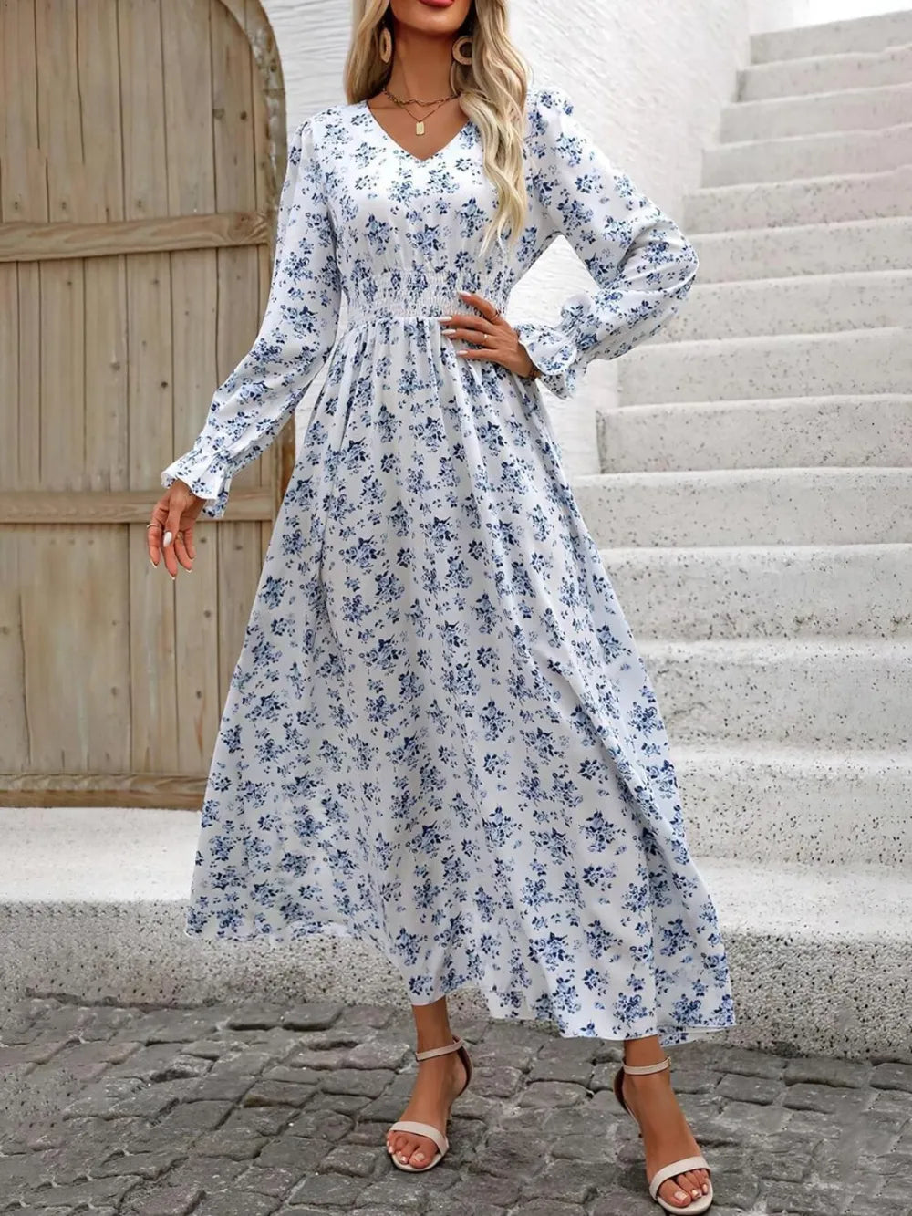 Smocked Printed V-Neck Flounce Sleeve Dress