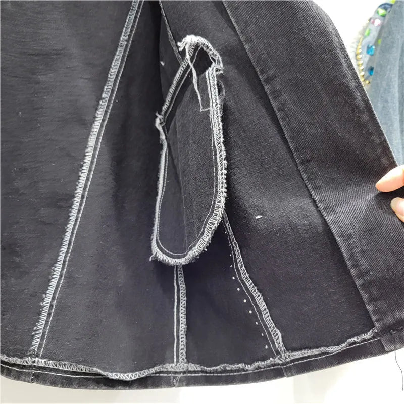 Embellished Denim-Plaid Blazer Coat – Loose Fit, Autumn-Ready Style