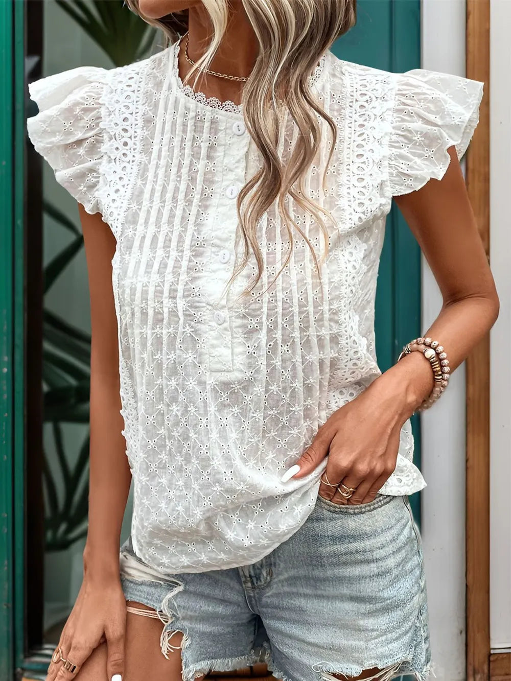 Lace Eyelet Ruffle Cap Sleeve Blouse