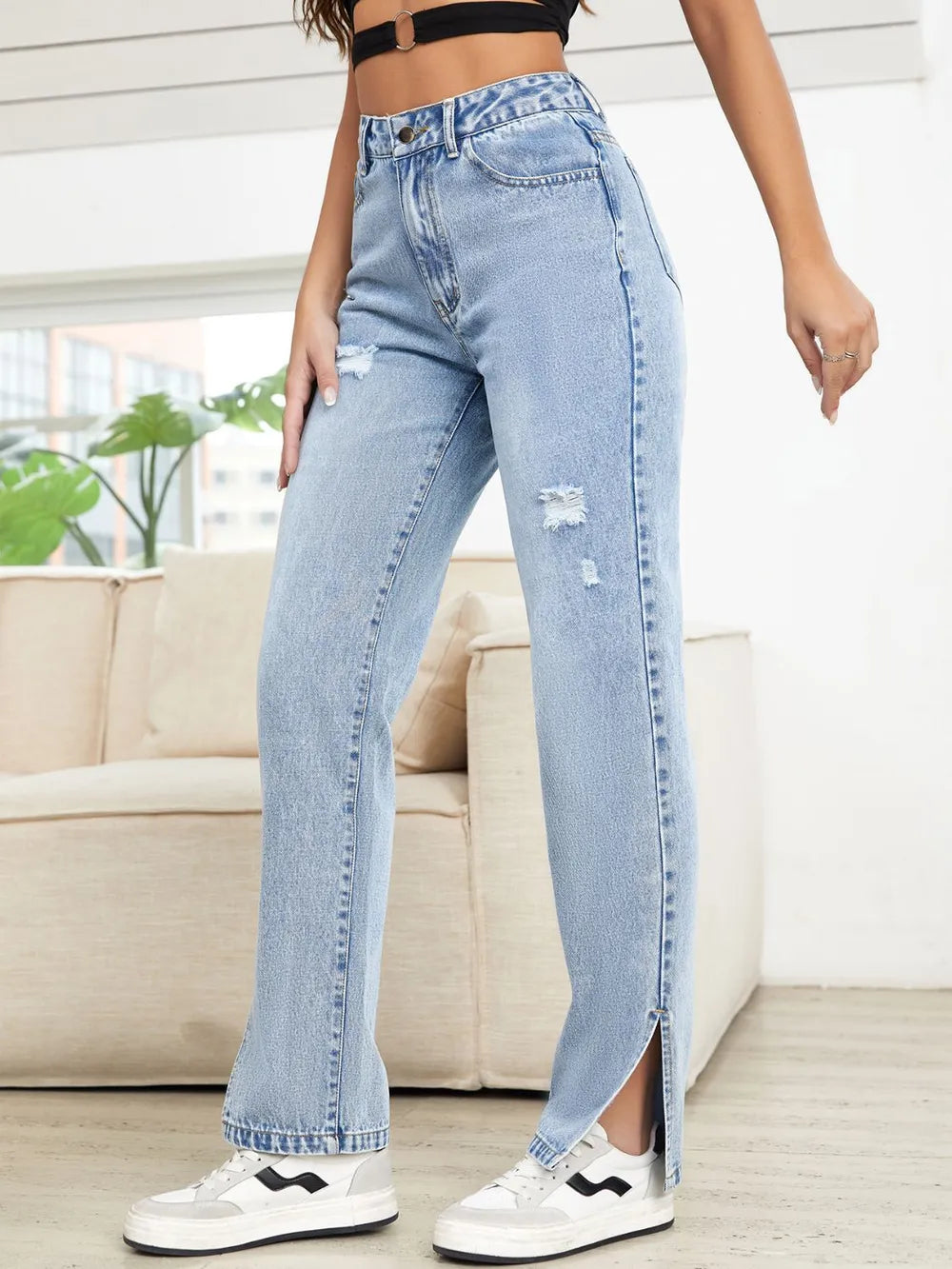 Distressed Slit Straight-Leg Jeans