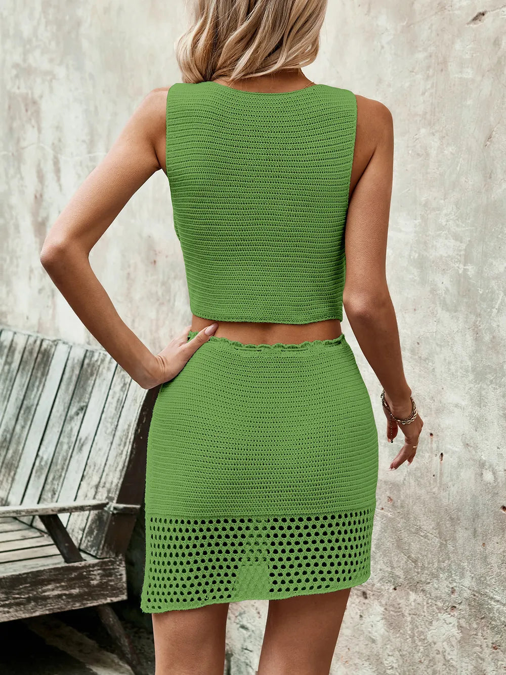 Sleeveless Buttoned Top with Drawstring Skirt