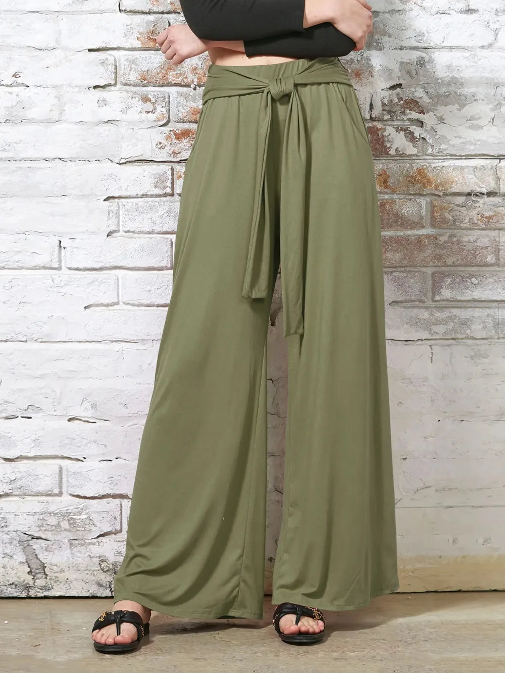 Tie-Waist Wide-Leg Pants with Pockets