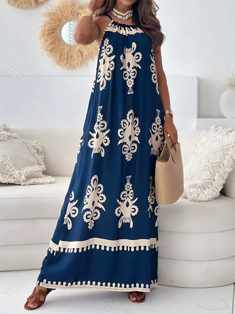 Sleeveless Spaghetti Strap Maxi Dress – Perfect for Casual or Evening Wear with a Touch of Print
