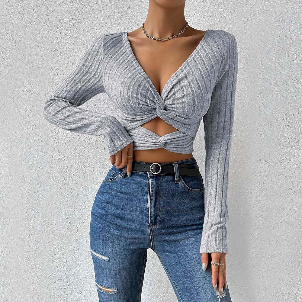 Women's fashion V-neck slim-fitting short top