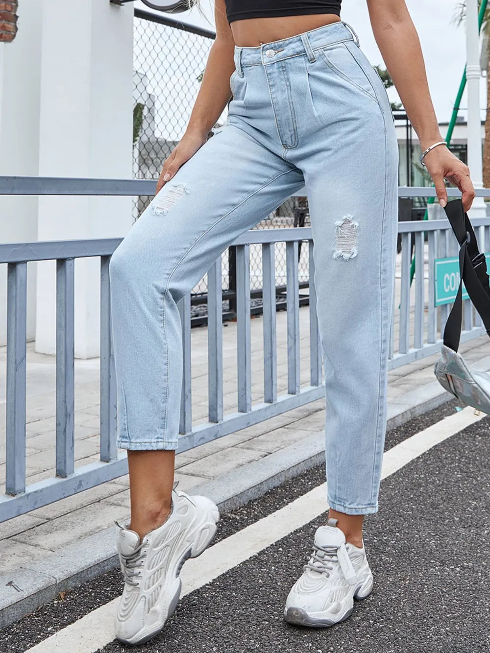 Straight-Leg Distressed Denim with Pockets