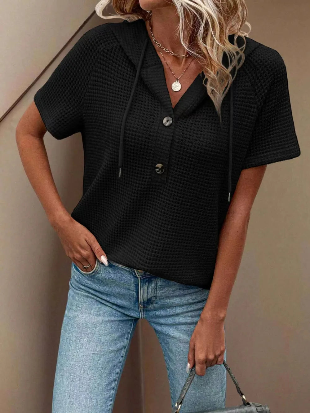 Cozy Waffle-Knit Hooded Blouse – Short Sleeves for Easy, Everyday Style