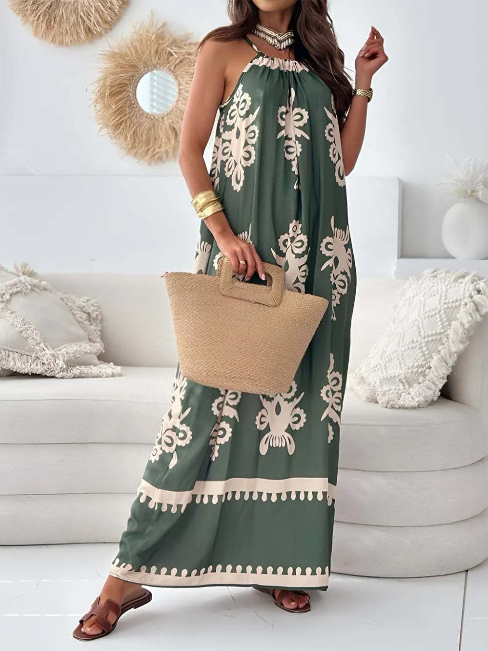 Sleeveless Spaghetti Strap Maxi Dress – Perfect for Casual or Evening Wear with a Touch of Print