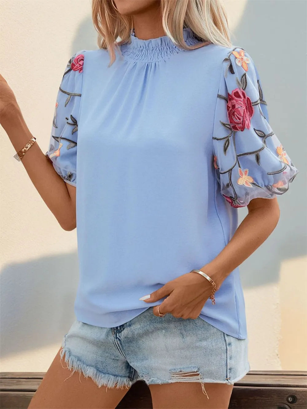 Embroidered Mock Neck Puff Sleeve Blouse – Elegant and Feminine