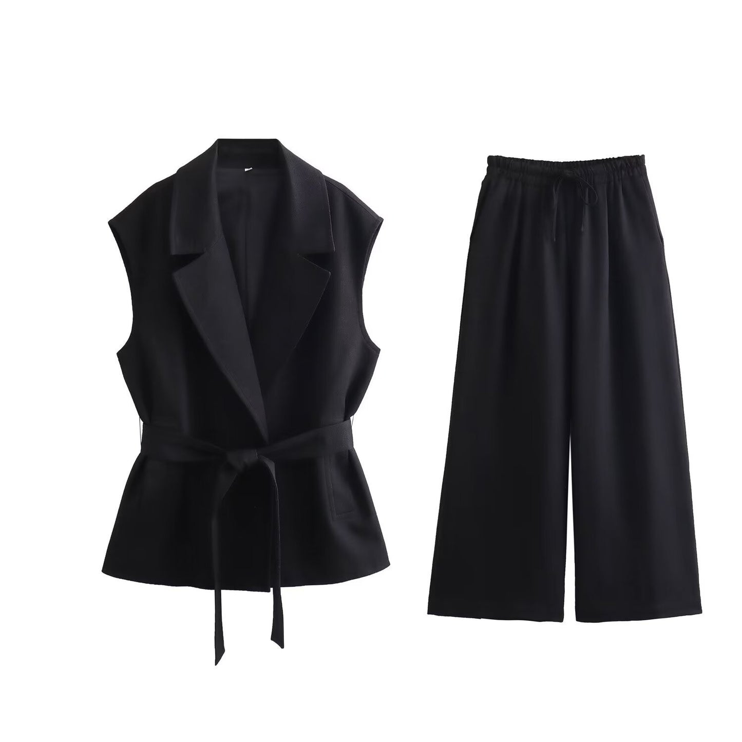 Sleeveless Belted Vest & Wide-Leg Pants Set – Effortless Chic