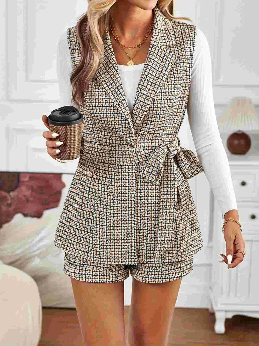 Plaid Collared Vest & Shorts Set with Tie Detail