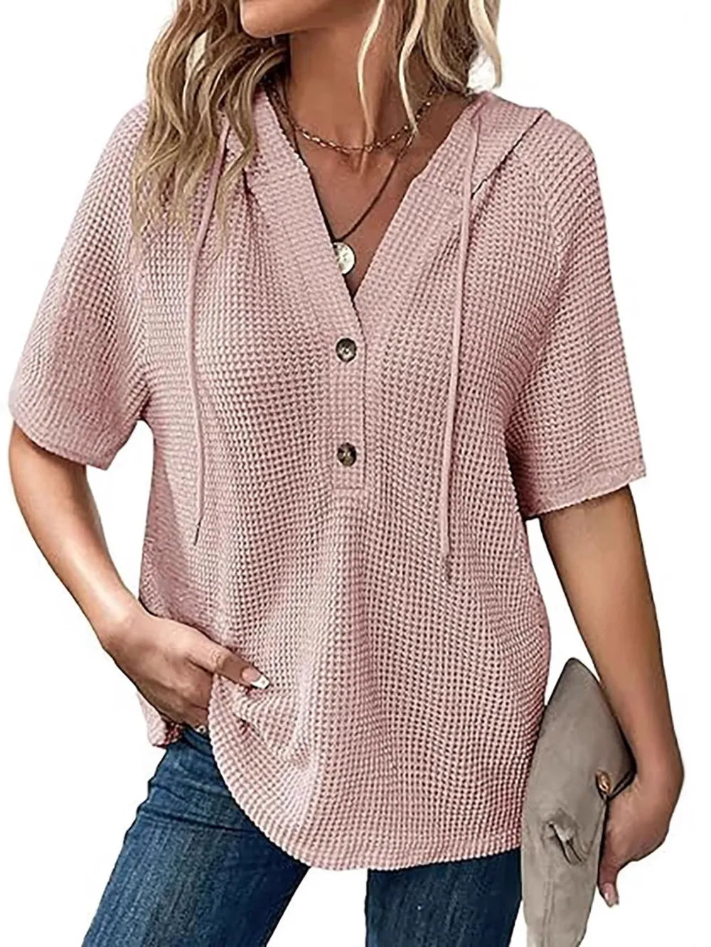 Cozy Waffle-Knit Hooded Blouse – Short Sleeves for Easy, Everyday Style