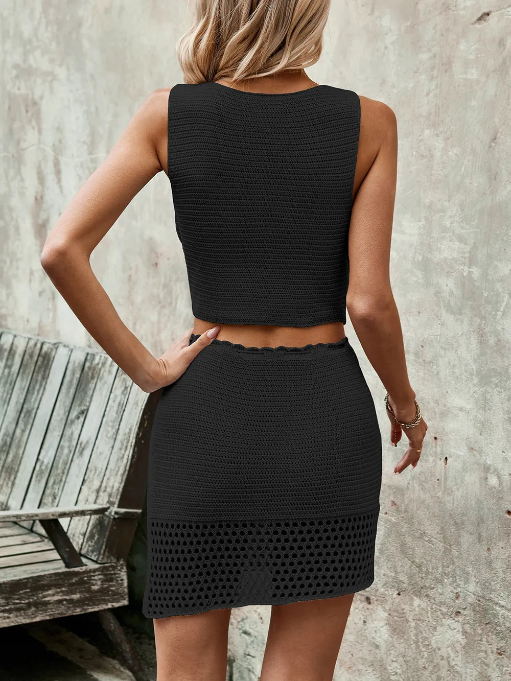Sleeveless Buttoned Top with Drawstring Skirt