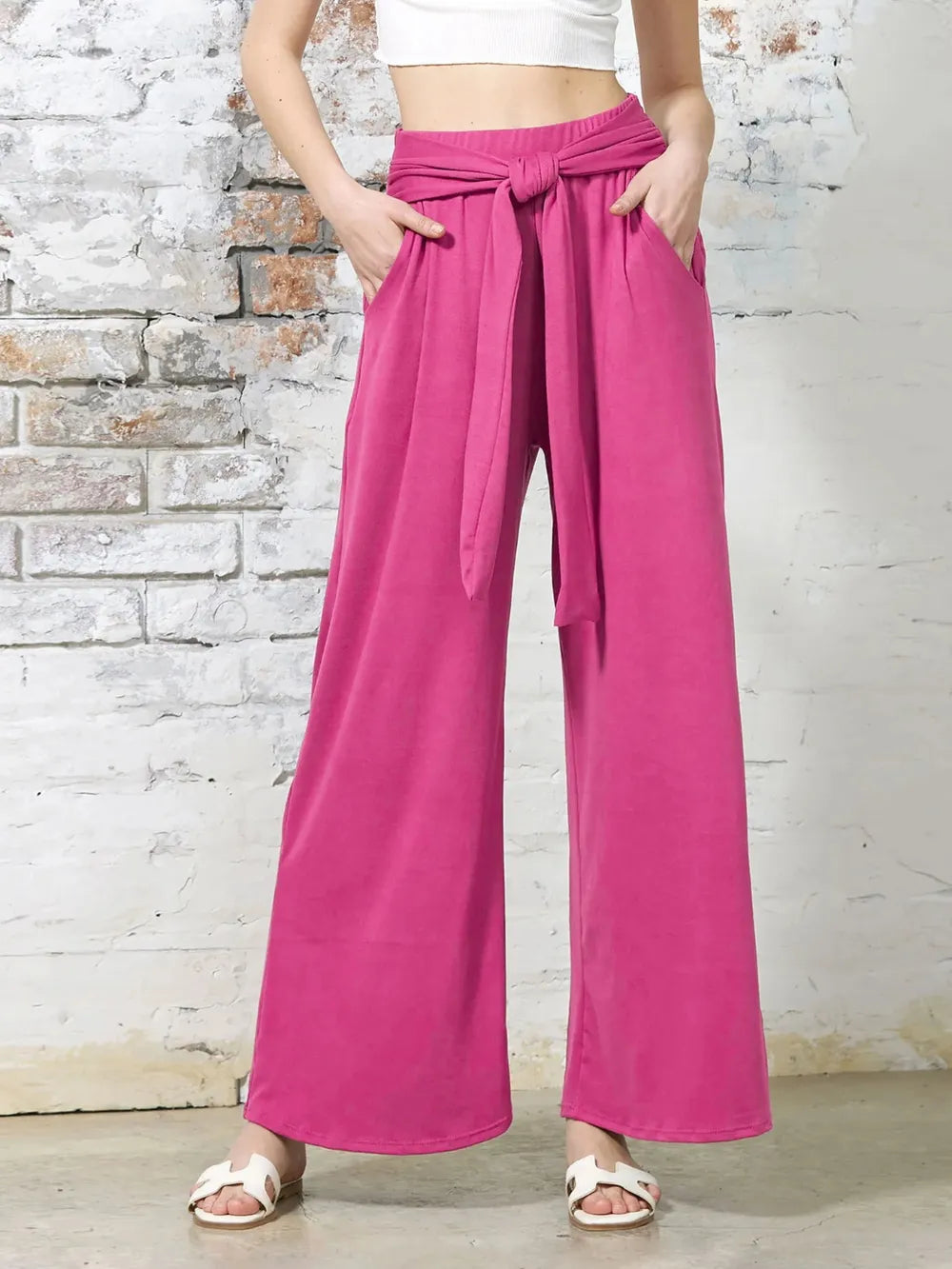 Tie-Waist Wide-Leg Pants with Pockets