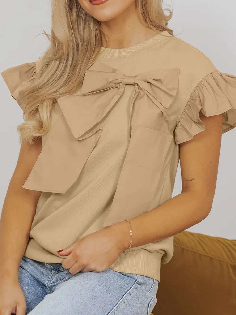 Bow Detail Round Neck Blouse – Cap Sleeve Charm