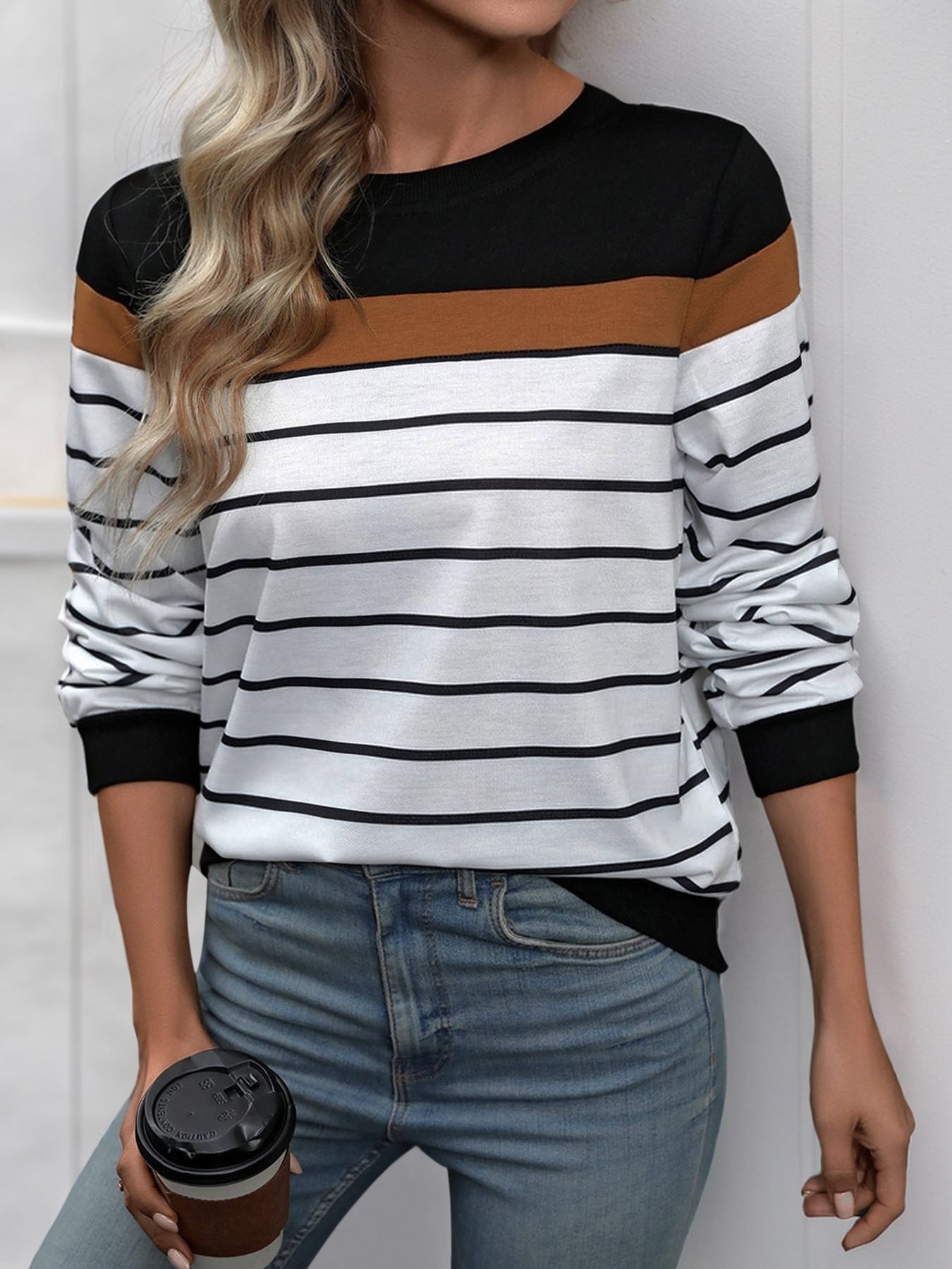 Casual Long Sleeve Round Neck Striped Sweatshirt