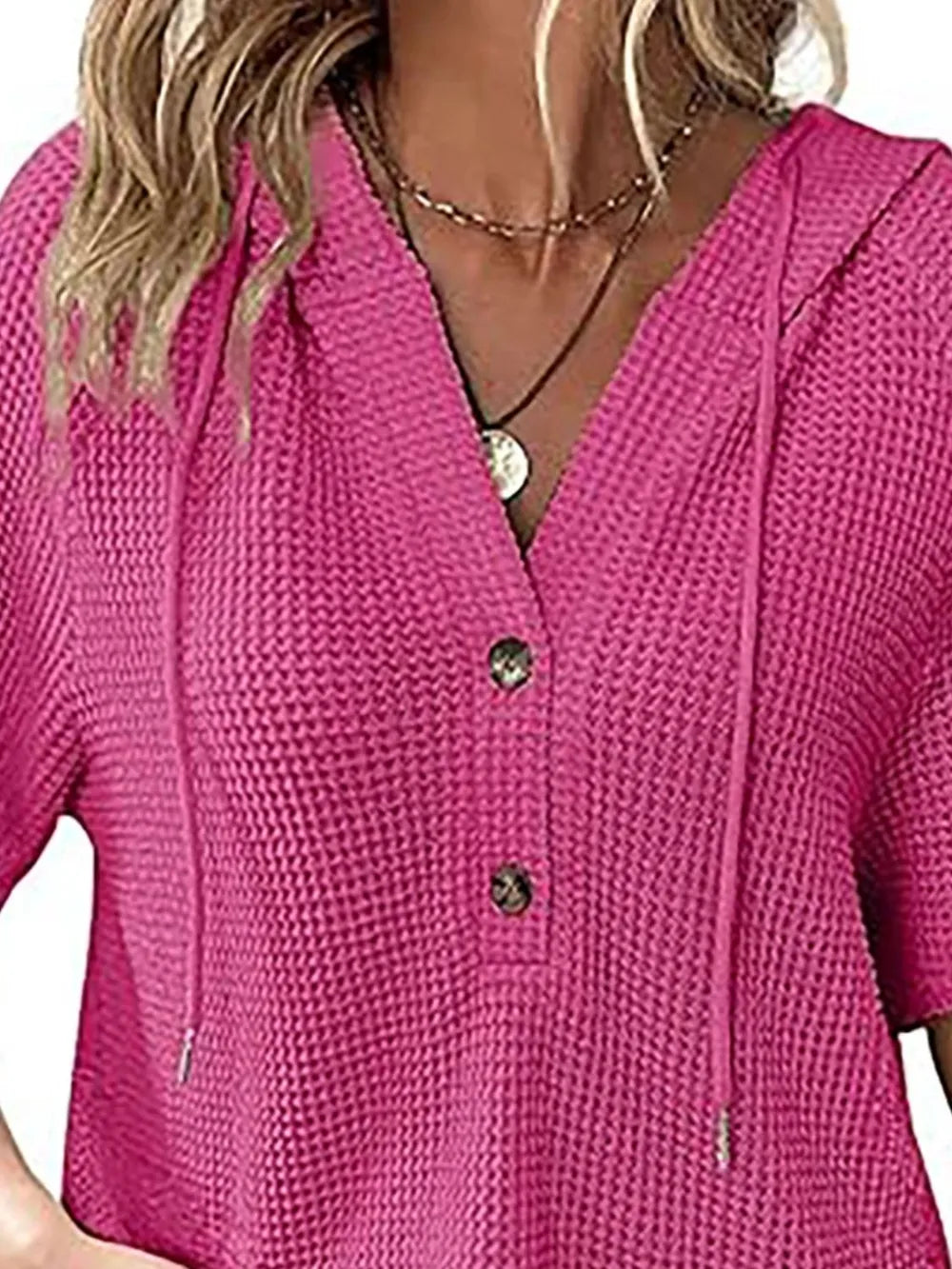 Cozy Waffle-Knit Hooded Blouse – Short Sleeves for Easy, Everyday Style