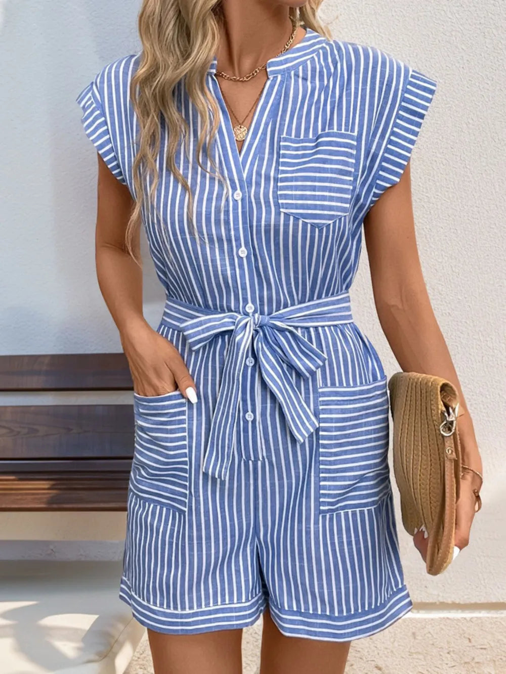 Notched Collar Striped Romper with Tie Waist – Perfect for Effortless, Casual Style