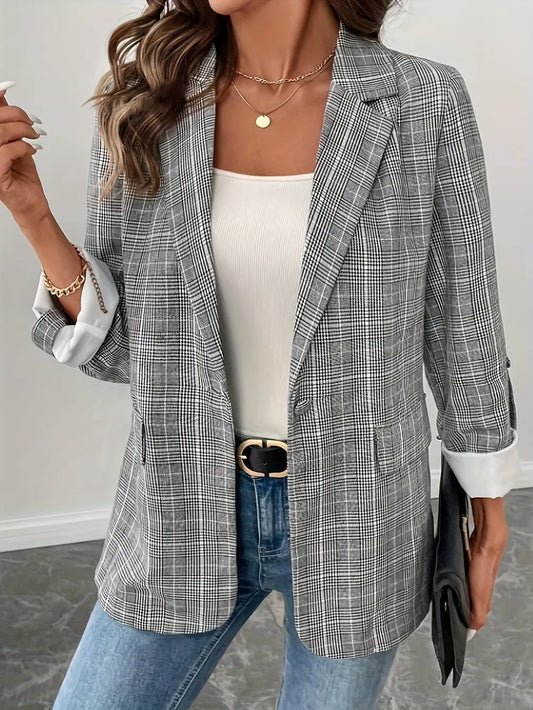 Plaid Blazer with Single-Breasted Closure and Lapel Collar